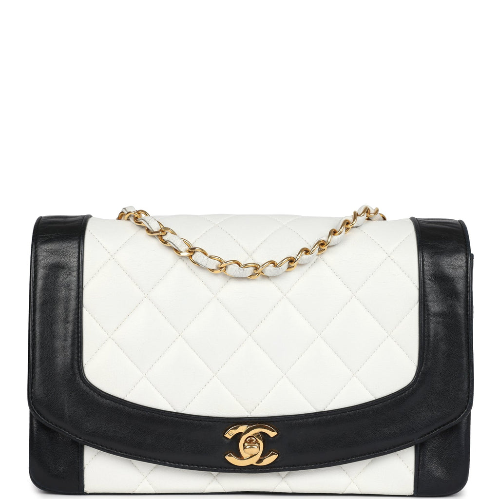 Chanel Vintage Medium Diana Flap Bag White and Black Lambskin Gold Hardware