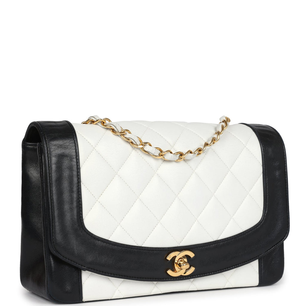 Chanel Vintage Medium Diana Flap Bag White and Black Lambskin Gold Hardware