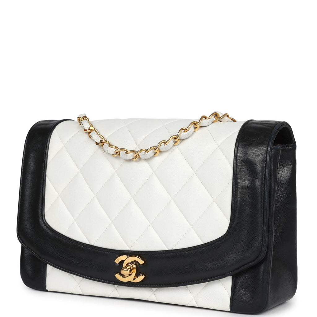 Chanel Vintage Medium Diana Flap Bag White and Black Lambskin Gold Hardware