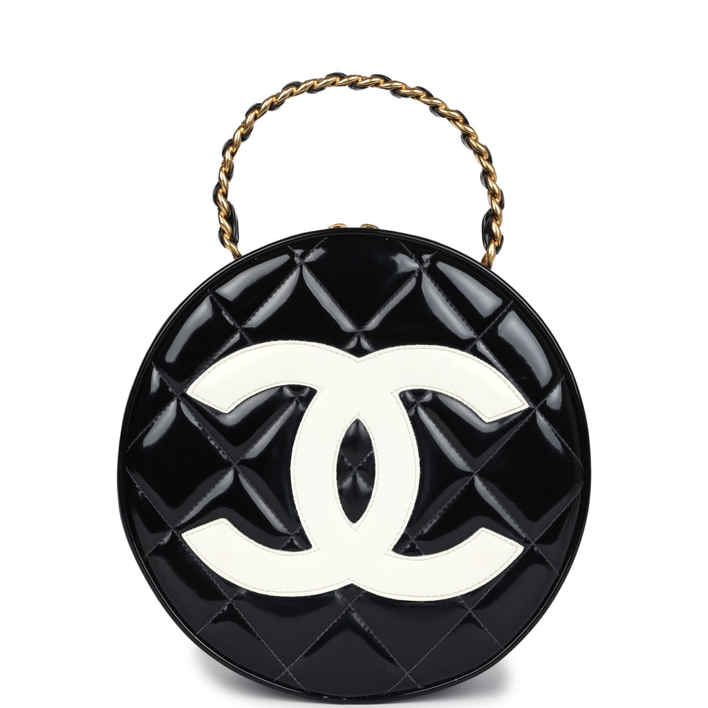 Chanel Vintage Round Vanity Bag Black and White Patent Leather Antique Gold Hardware