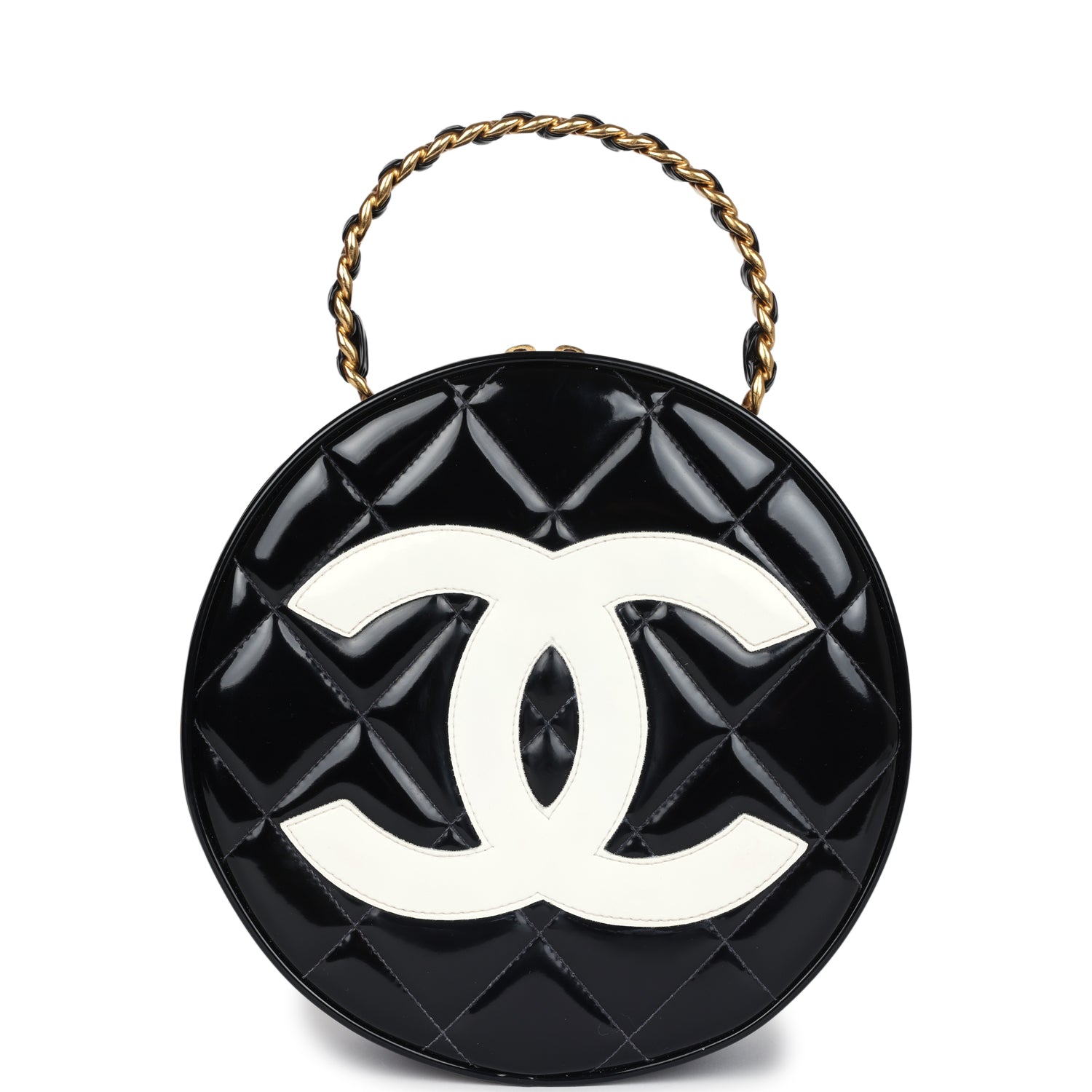 Chanel Vintage Round Vanity Bag Black and White Patent Leather Antique Gold Hardware