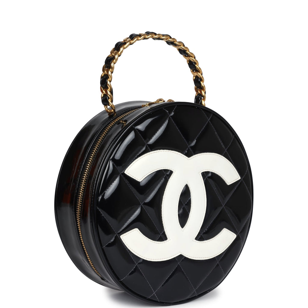 Chanel Vintage Round Vanity Bag Black and White Patent Leather Antique Gold Hardware