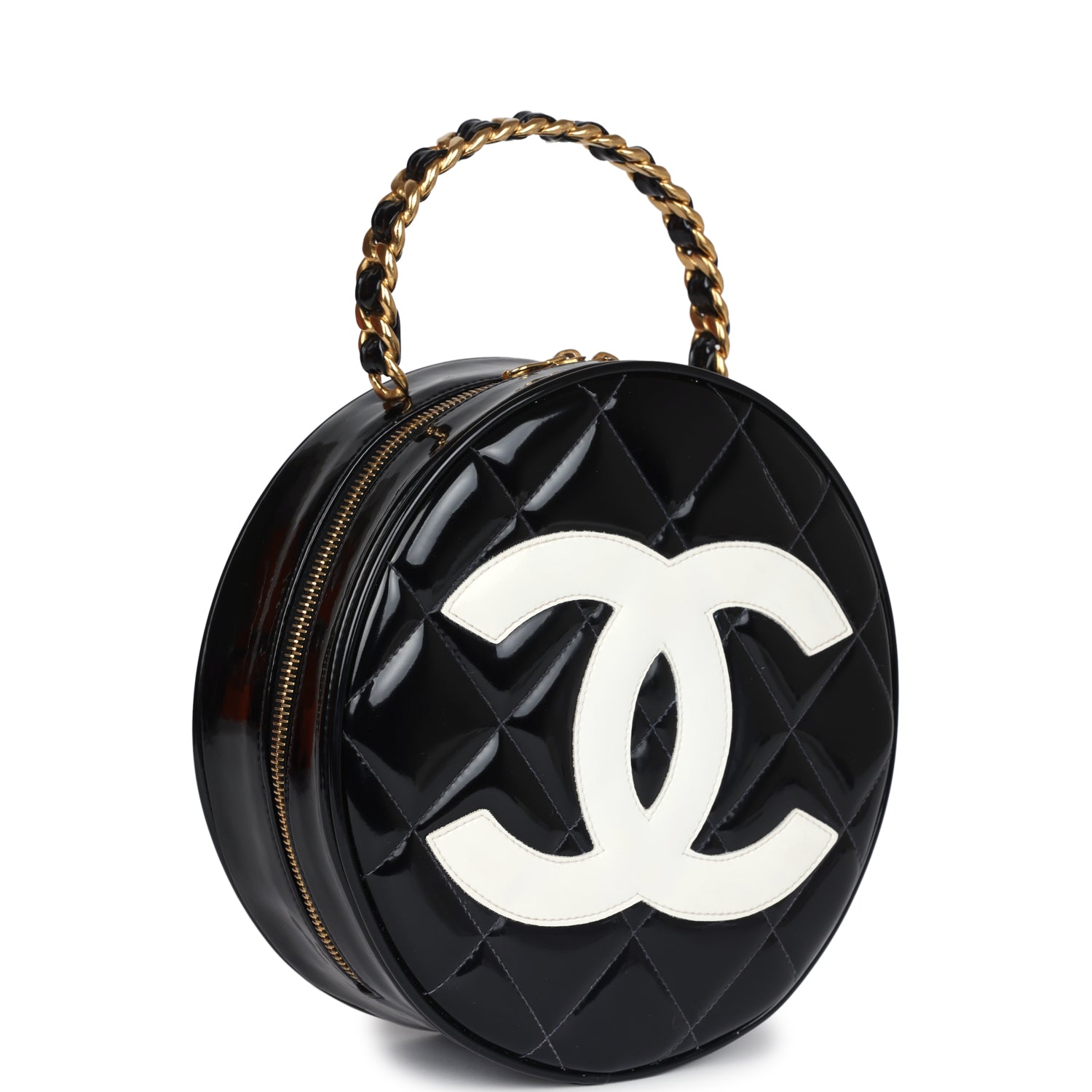 Chanel Vintage Round Vanity Bag Black and White Patent Leather Antique Gold Hardware