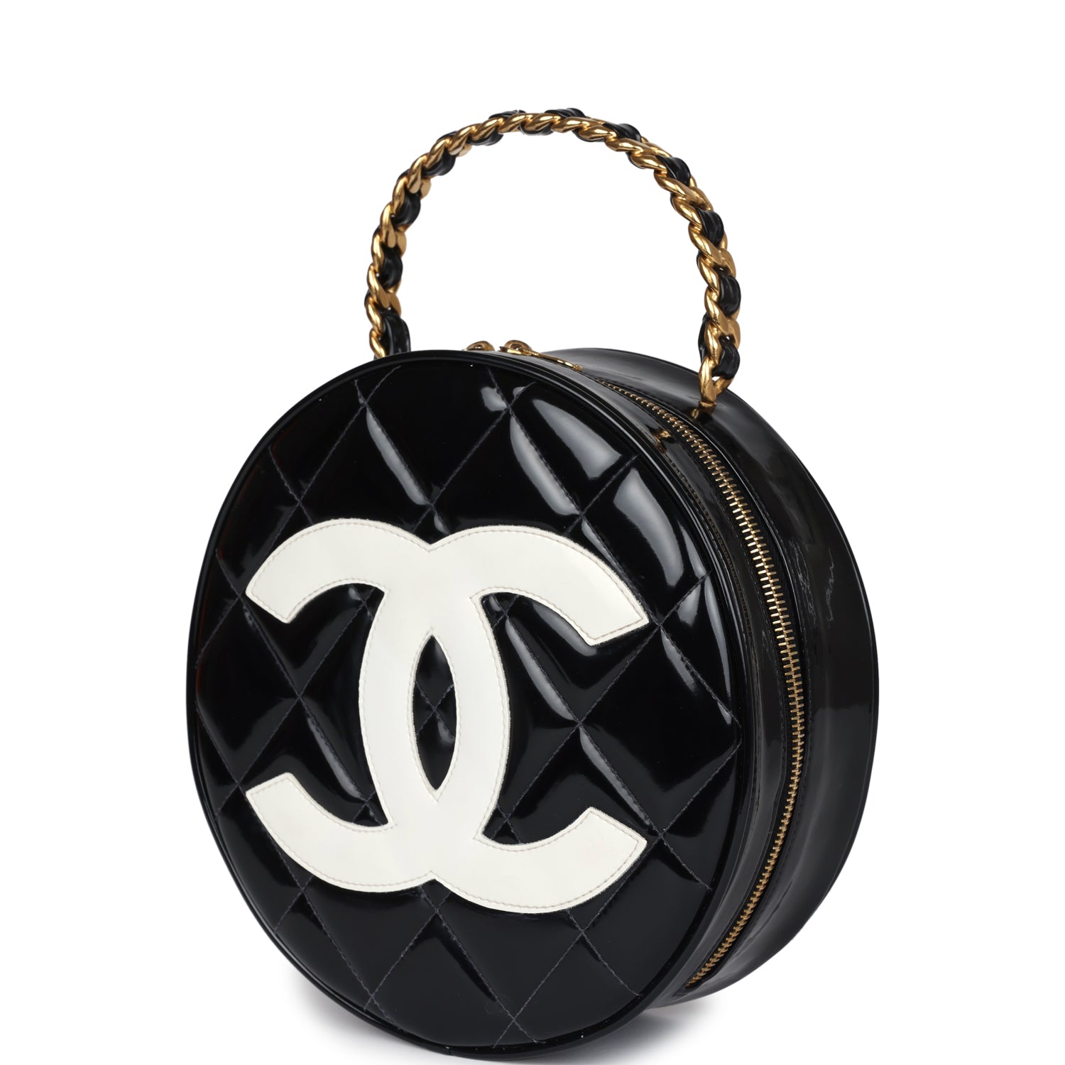 Chanel Vintage Round Vanity Bag Black and White Patent Leather Antique Gold Hardware
