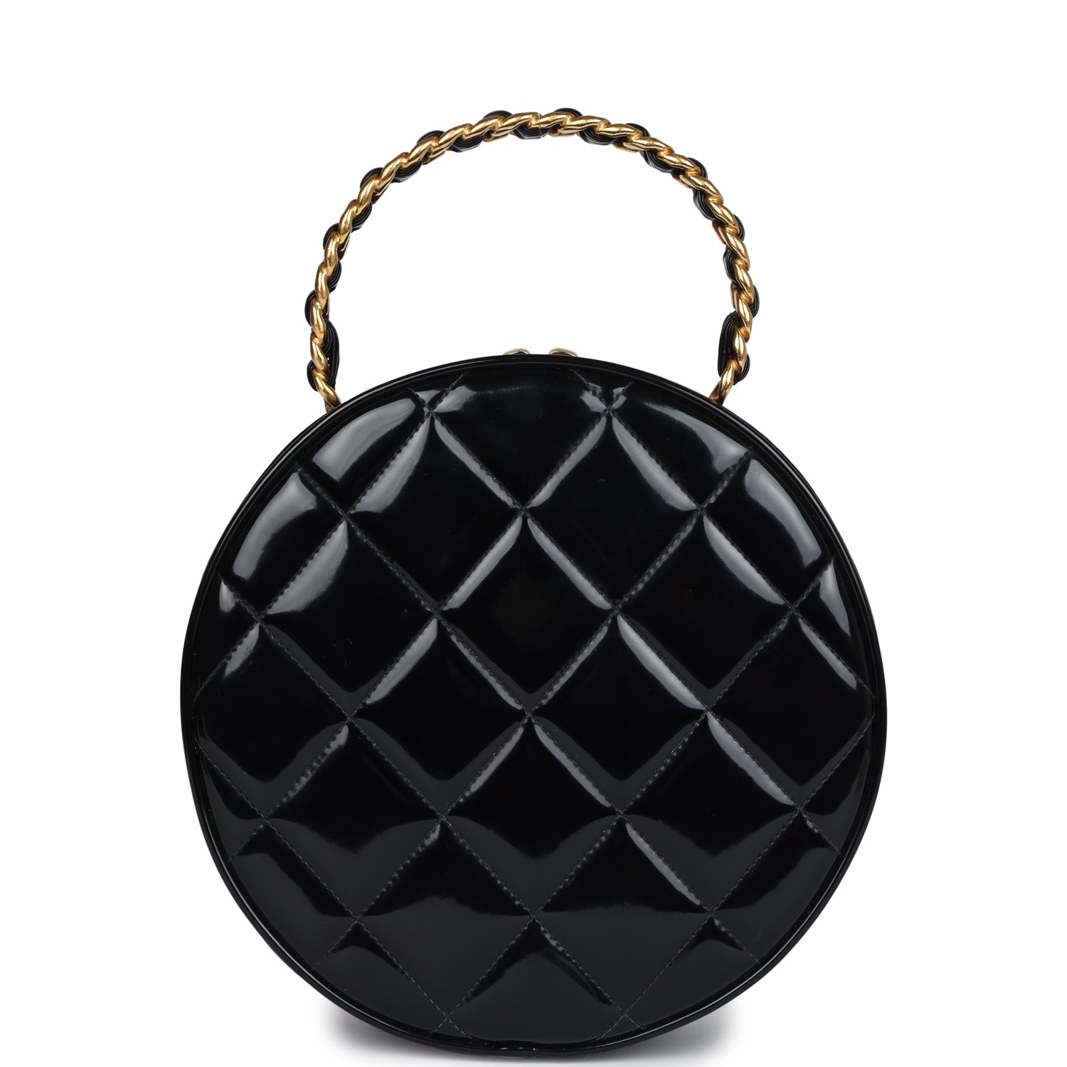 Chanel Vintage Round Vanity Bag Black and White Patent Leather Antique Gold Hardware