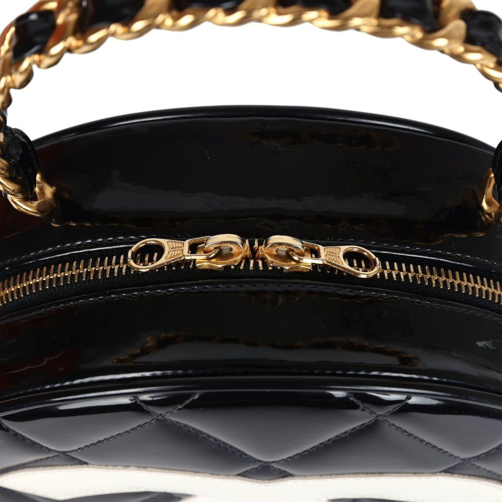 Chanel Vintage Round Vanity Bag Black and White Patent Leather Antique Gold Hardware