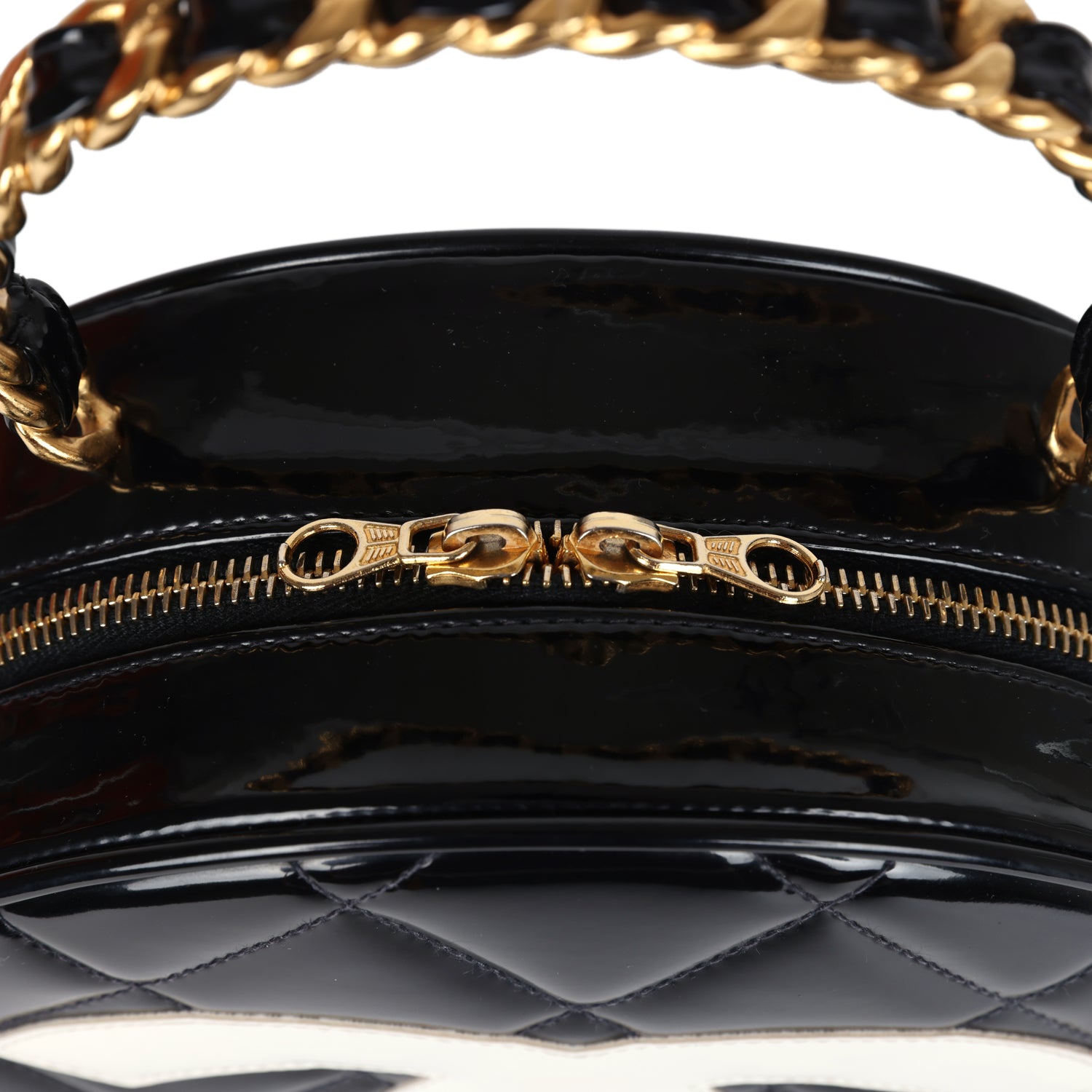 Chanel Vintage Round Vanity Bag Black and White Patent Leather Antique Gold Hardware