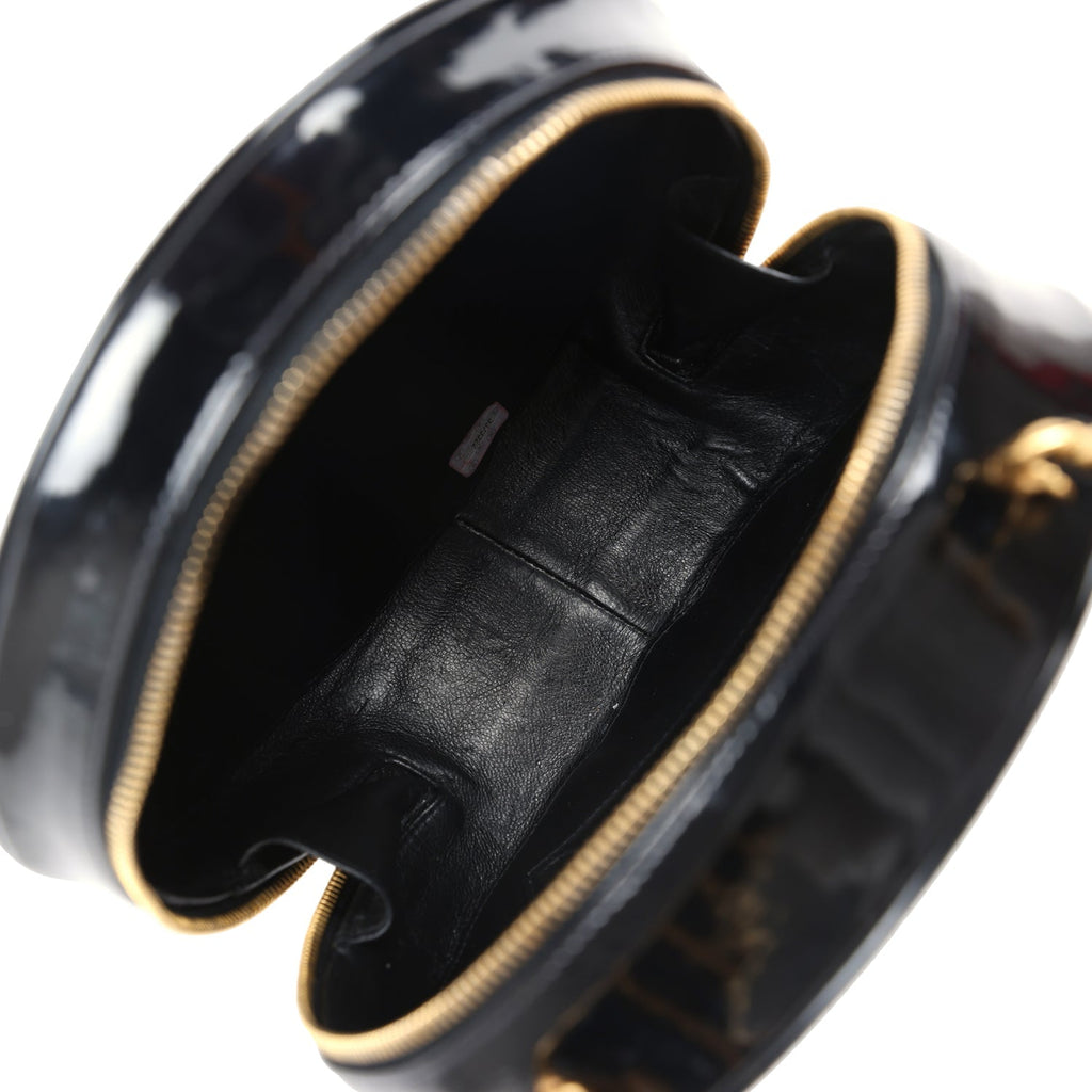 Chanel Vintage Round Vanity Bag Black and White Patent Leather Antique Gold Hardware
