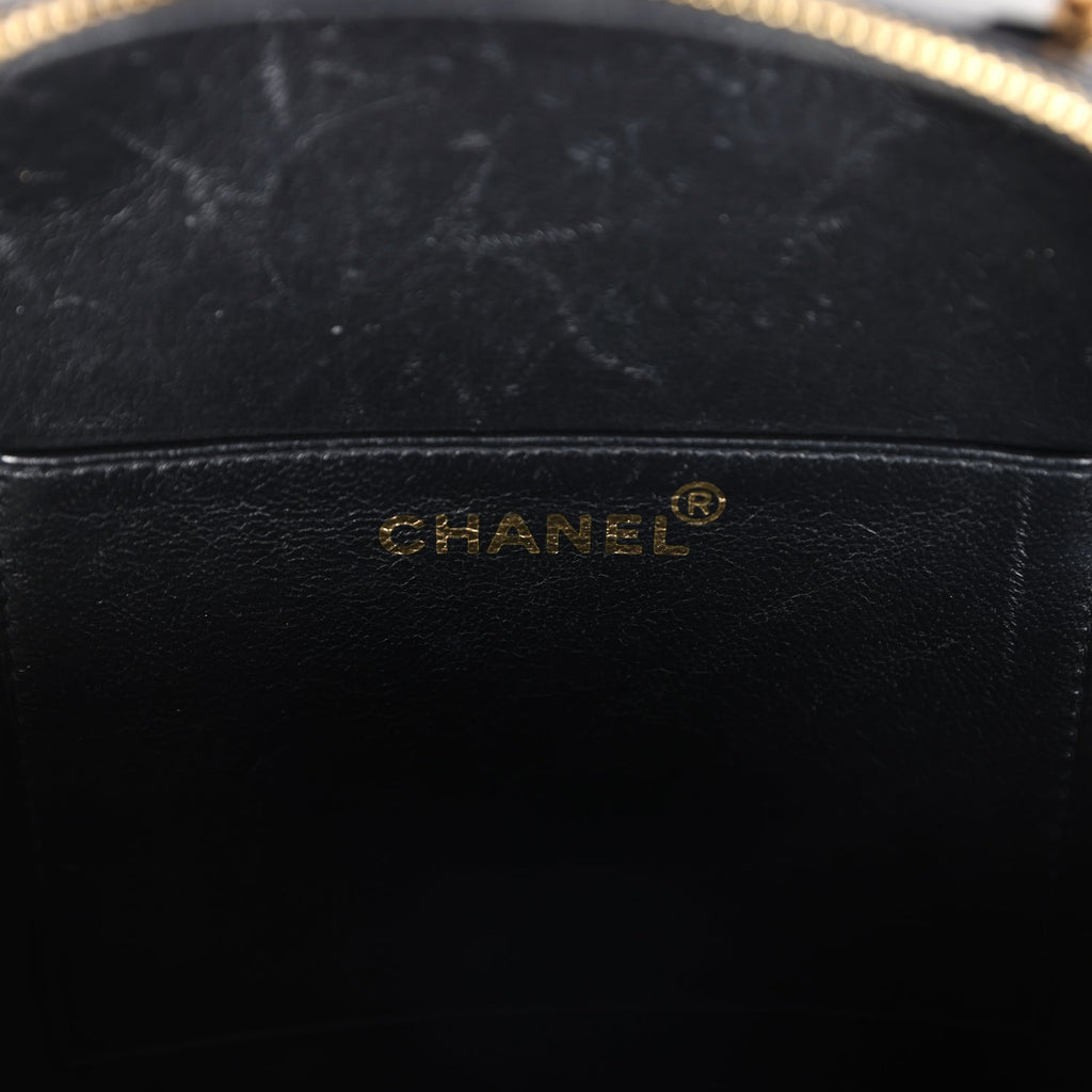 Chanel Vintage Round Vanity Bag Black and White Patent Leather Antique Gold Hardware