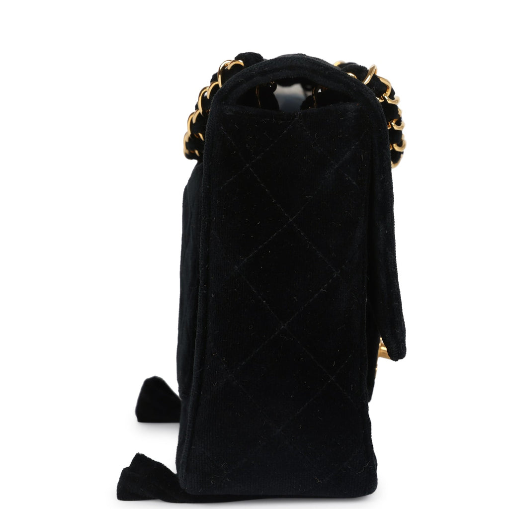 Chanel Vintage Medium Single Flap Bag with Magazine Holder Black Velvet Gold Hardware