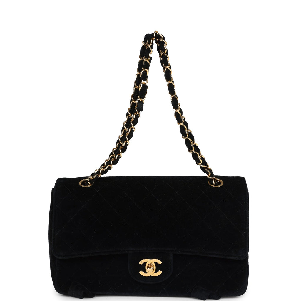 Chanel Vintage Medium Single Flap Bag with Magazine Holder Black Velvet Gold Hardware