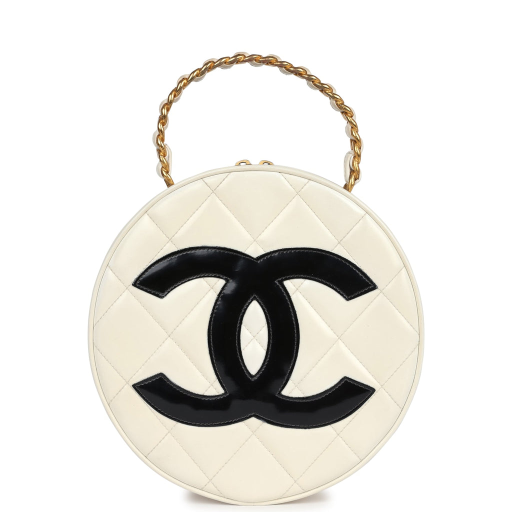 Chanel Vintage Round Vanity Bag White and Black Patent Leather Antique Gold Hardware