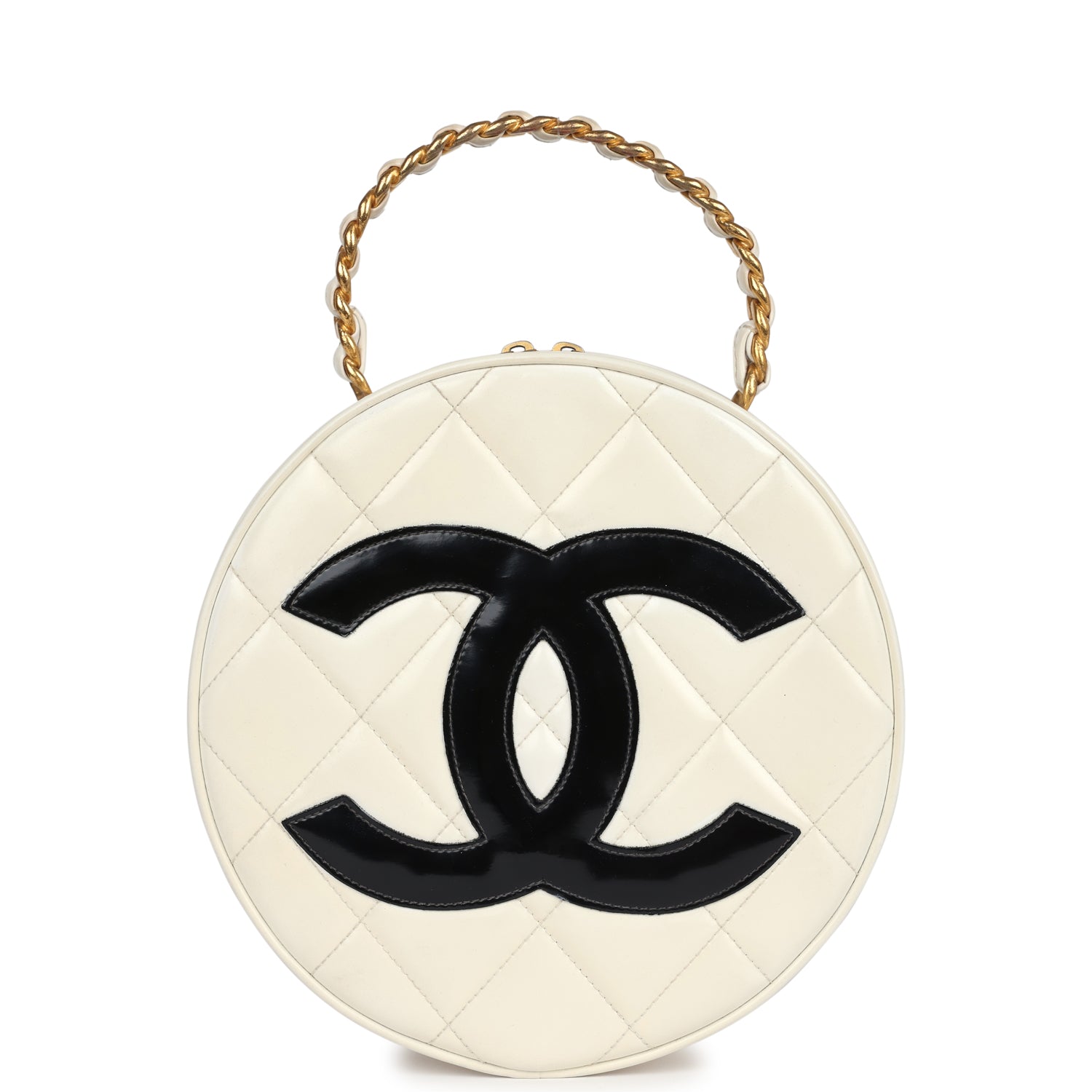 Chanel Vintage Round Vanity Bag White and Black Patent Leather Antique Gold Hardware