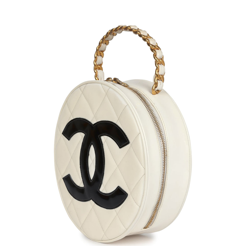 Chanel Vintage Round Vanity Bag White and Black Patent Leather Antique Gold Hardware