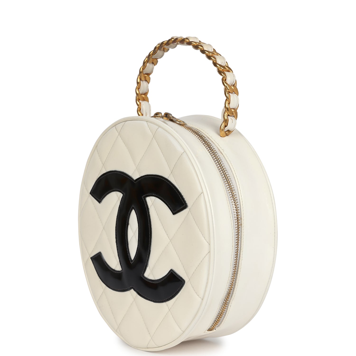 Chanel Vintage Round Vanity Bag White and Black Patent Leather Antique Gold Hardware