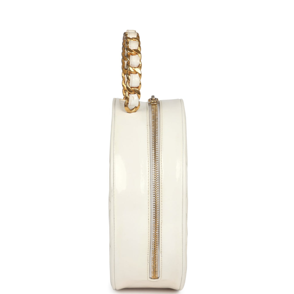 Chanel Vintage Round Vanity Bag White and Black Patent Leather Antique Gold Hardware