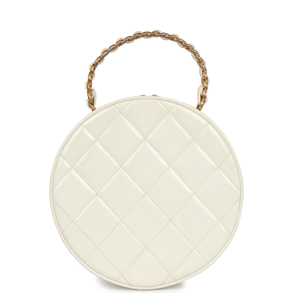 Chanel Vintage Round Vanity Bag White and Black Patent Leather Antique Gold Hardware