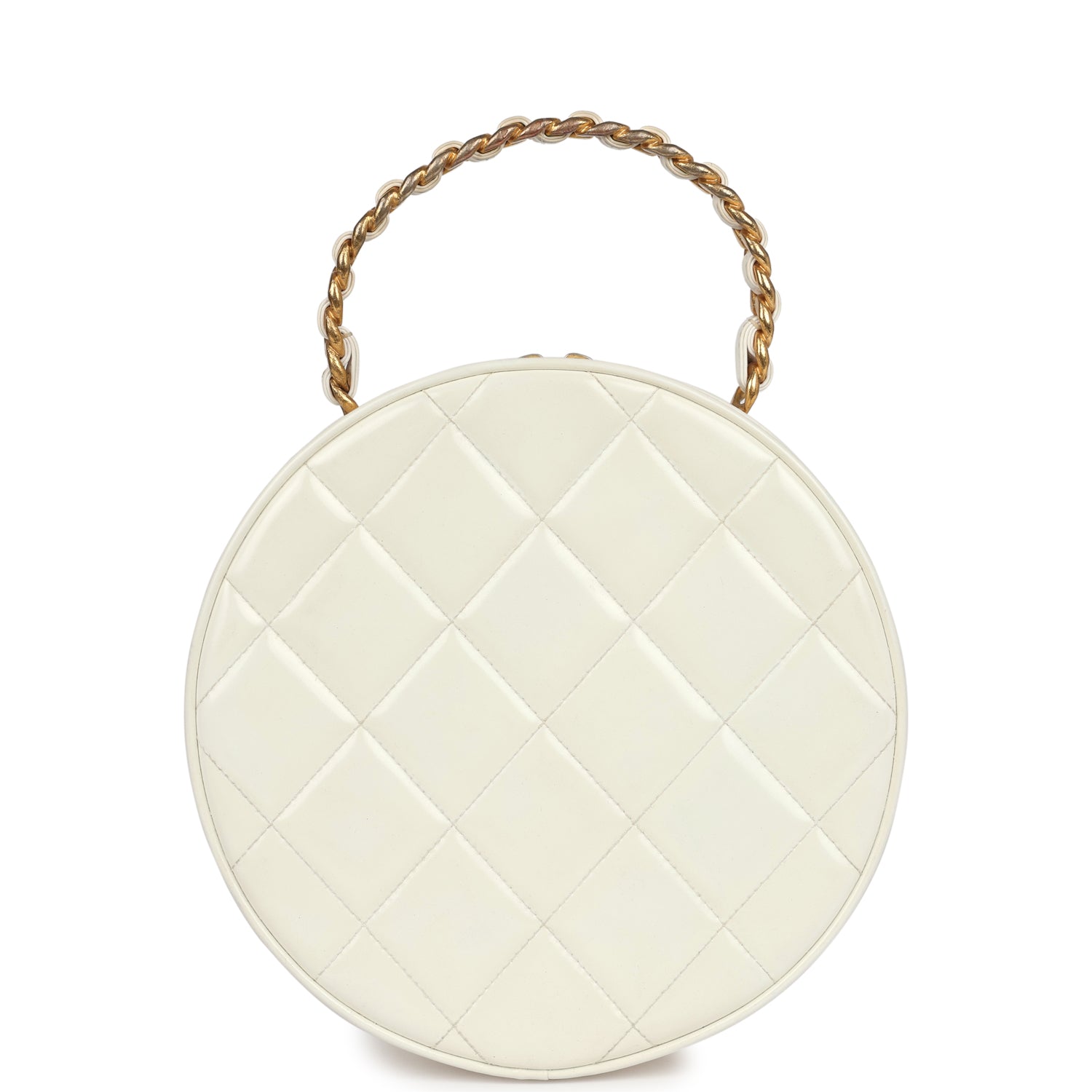 Chanel Vintage Round Vanity Bag White and Black Patent Leather Antique Gold Hardware