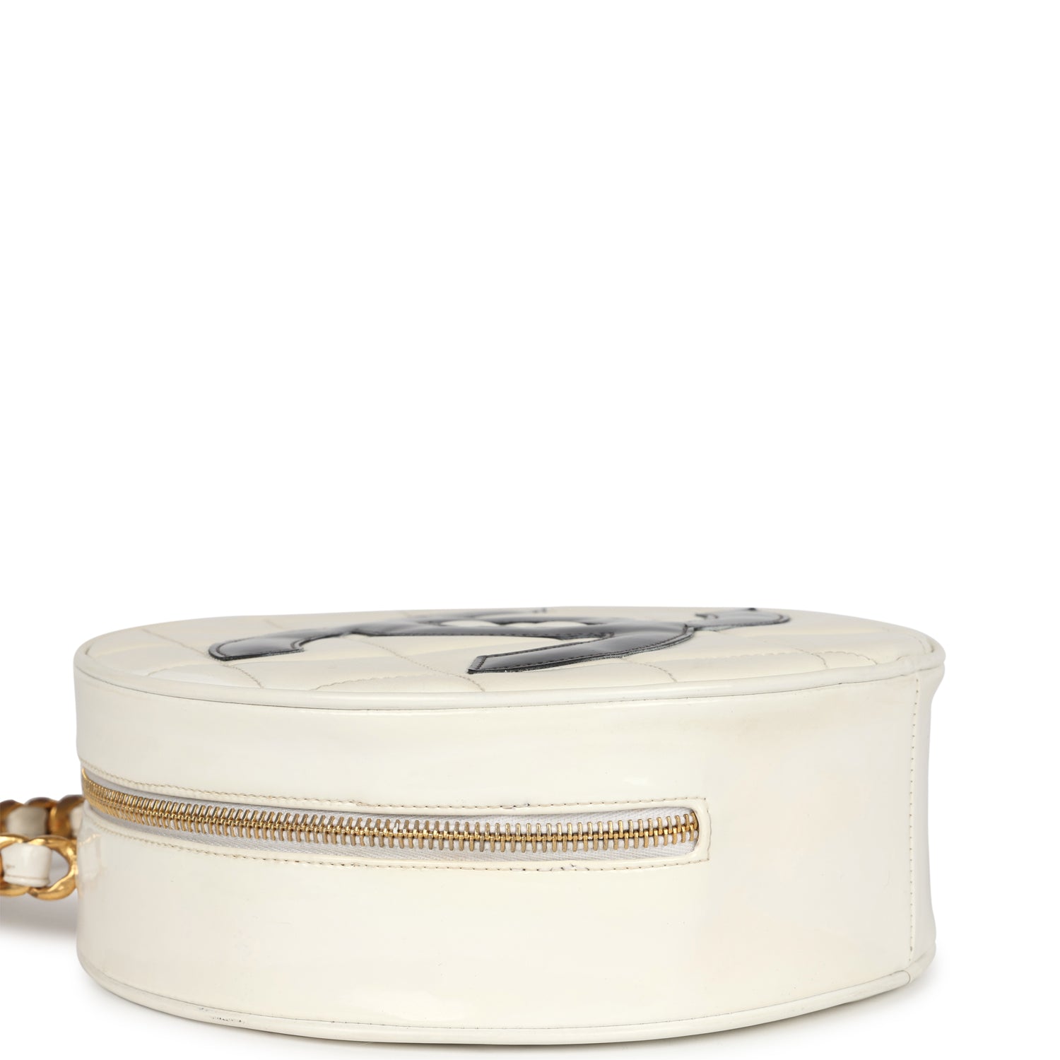 Chanel Vintage Round Vanity Bag White and Black Patent Leather Antique Gold Hardware