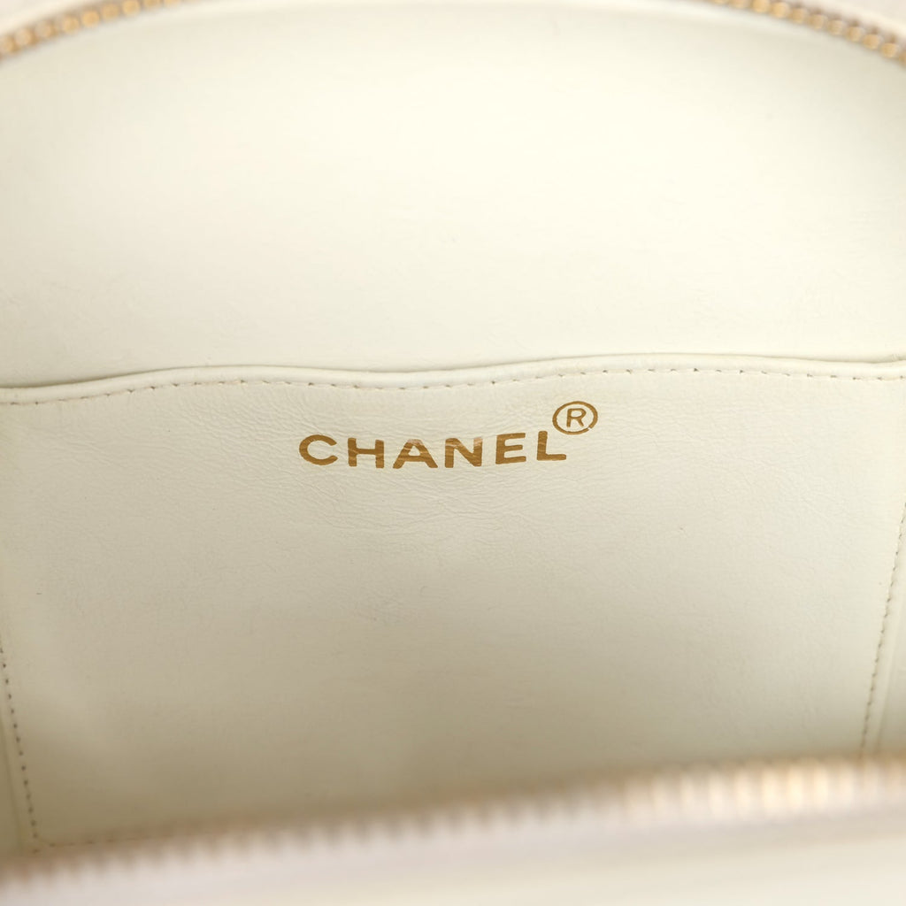 Chanel Vintage Round Vanity Bag White and Black Patent Leather Antique Gold Hardware