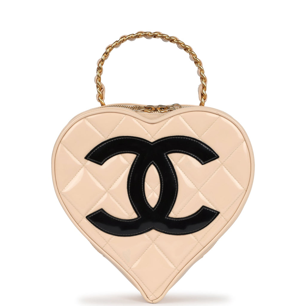 Chanel Vintage Heart Vanity Bag Beige and Black Patent Antique Gold Hardware