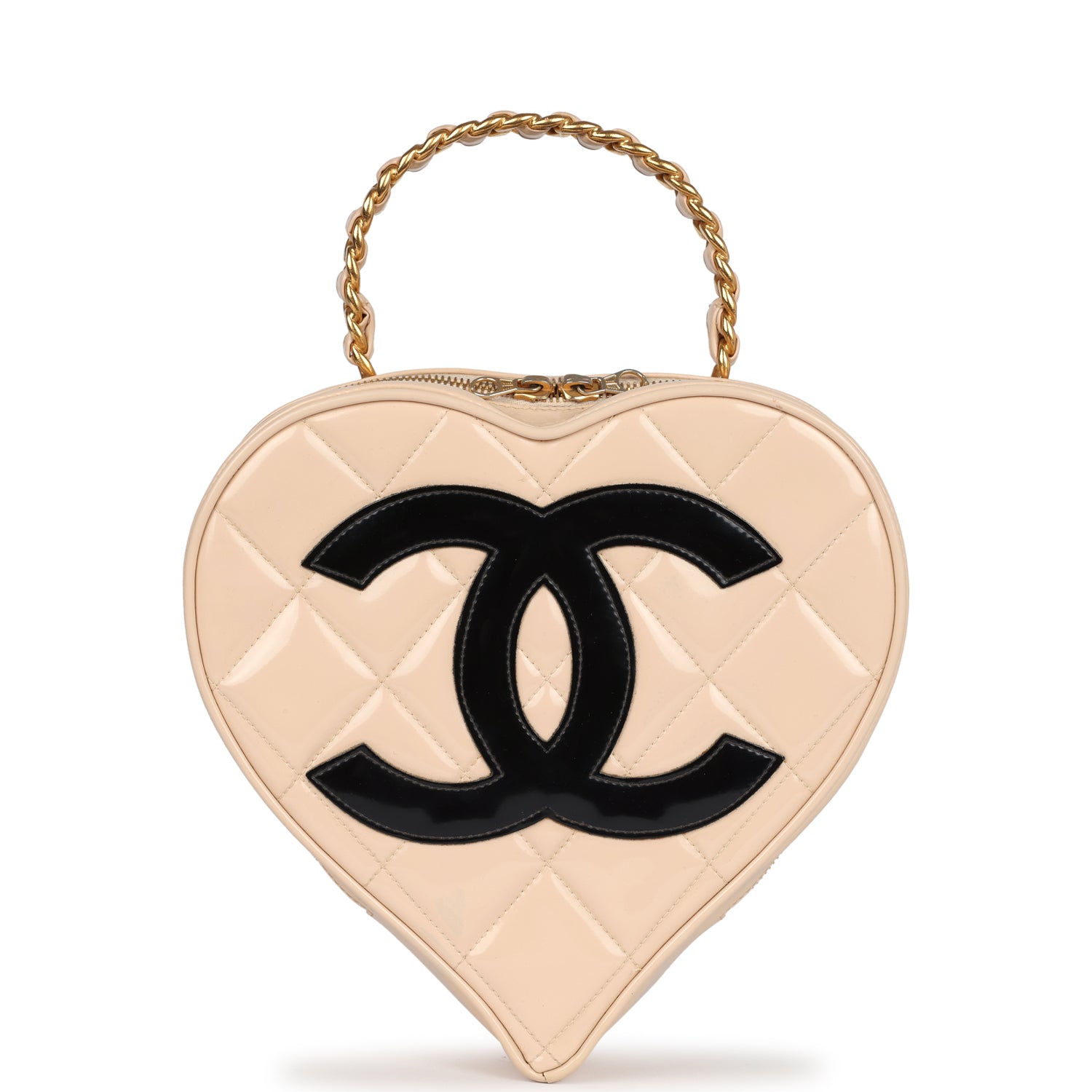 Chanel Vintage Heart Vanity Bag Beige and Black Patent Antique Gold Hardware