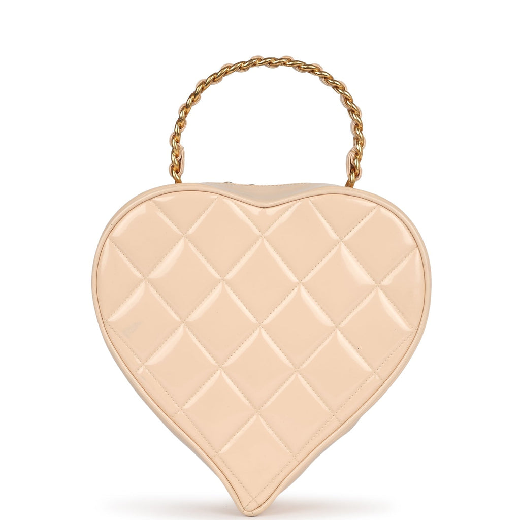 Chanel Vintage Heart Vanity Bag Beige and Black Patent Antique Gold Hardware