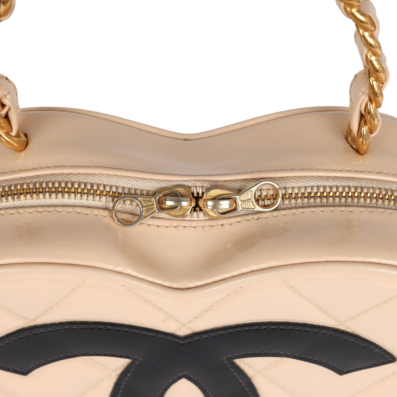 Chanel Vintage Heart Vanity Bag Beige and Black Patent Antique Gold Hardware