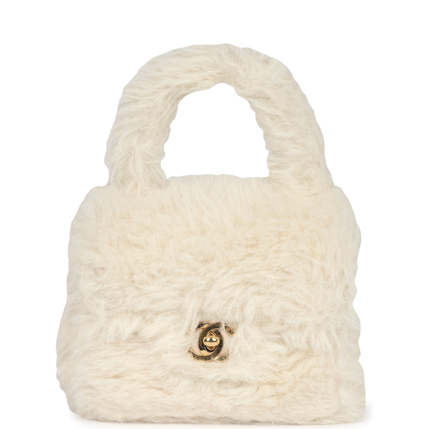 Chanel Vintage Micro Kelly Child White Rabbit Fur Gold Hardware