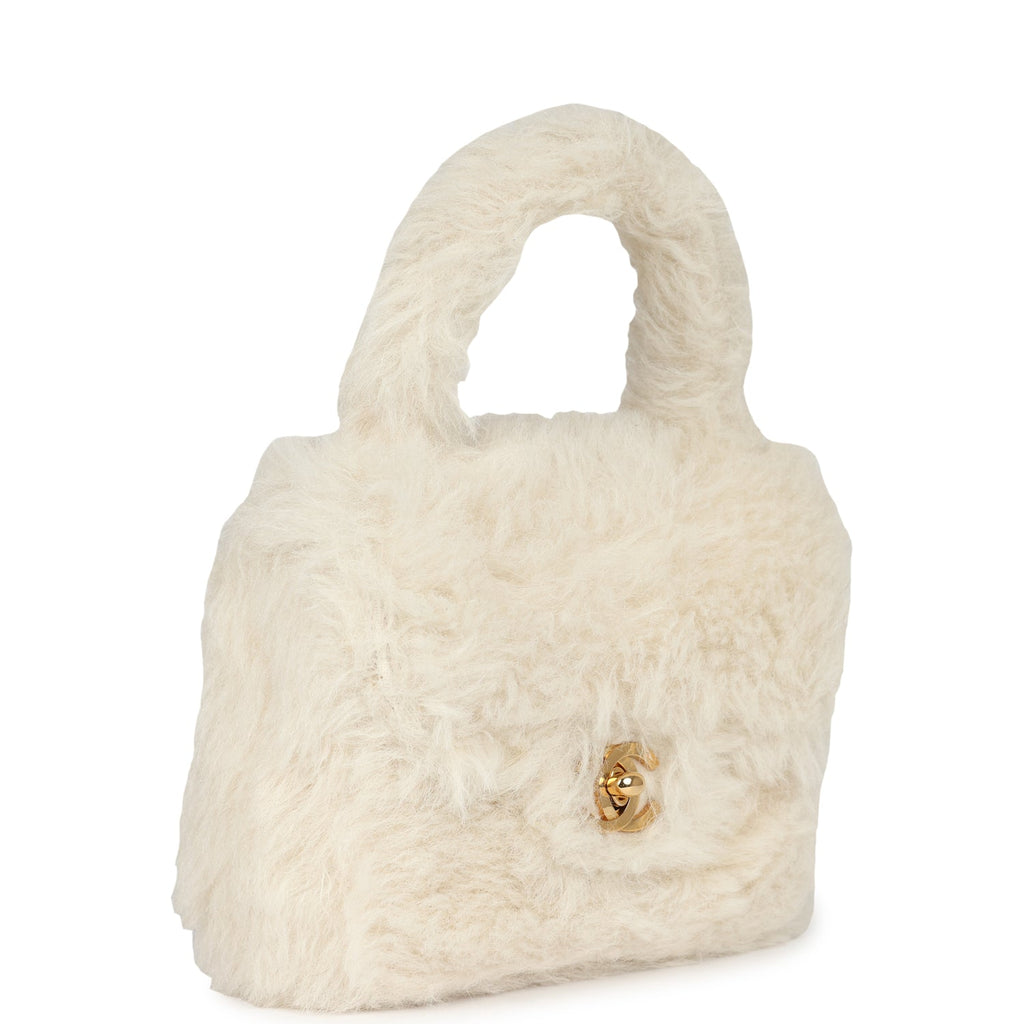 Chanel Vintage Micro Kelly Child White Rabbit Fur Gold Hardware