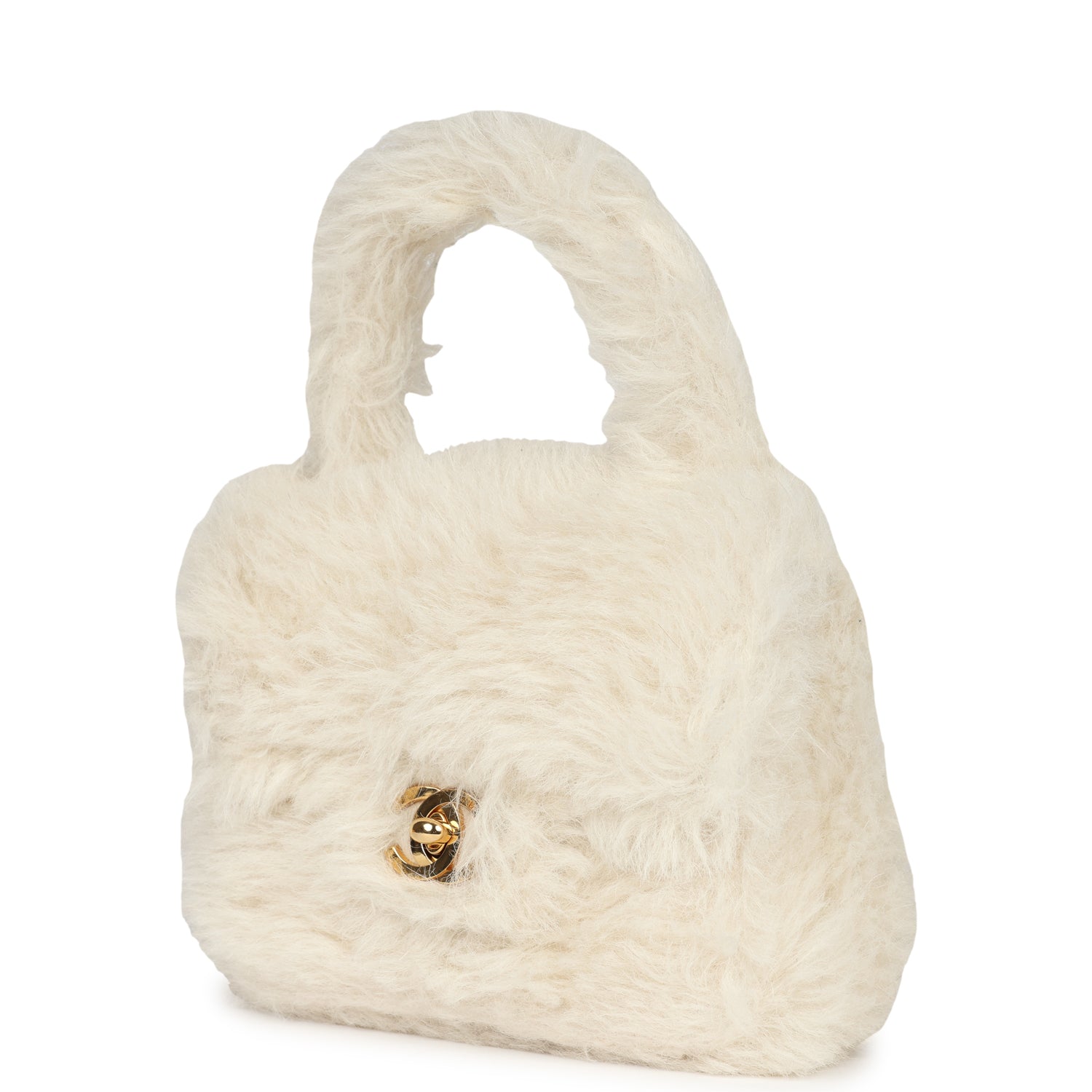 Chanel Vintage Micro Kelly Child White Rabbit Fur Gold Hardware