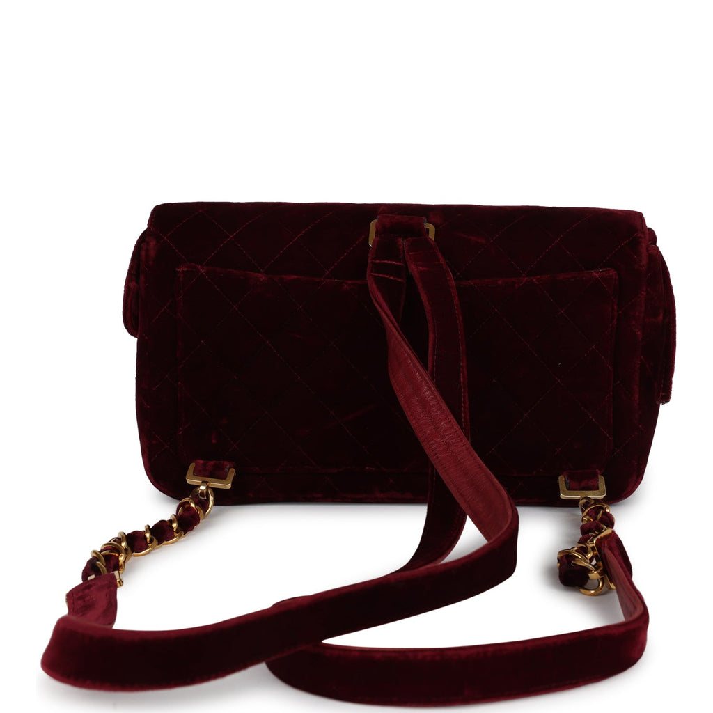 Chanel Vintage Medium Classic Flap Backpack Burgundy Velvet Gold Hardware