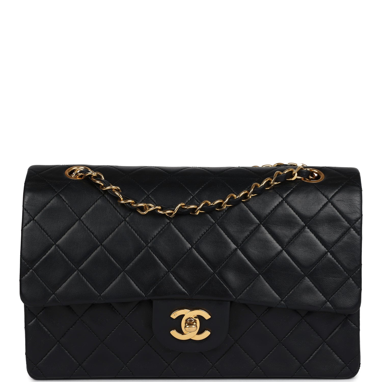 Chanel Vintage Medium Classic Double Flap Bag Black Lambskin Gold Hardware