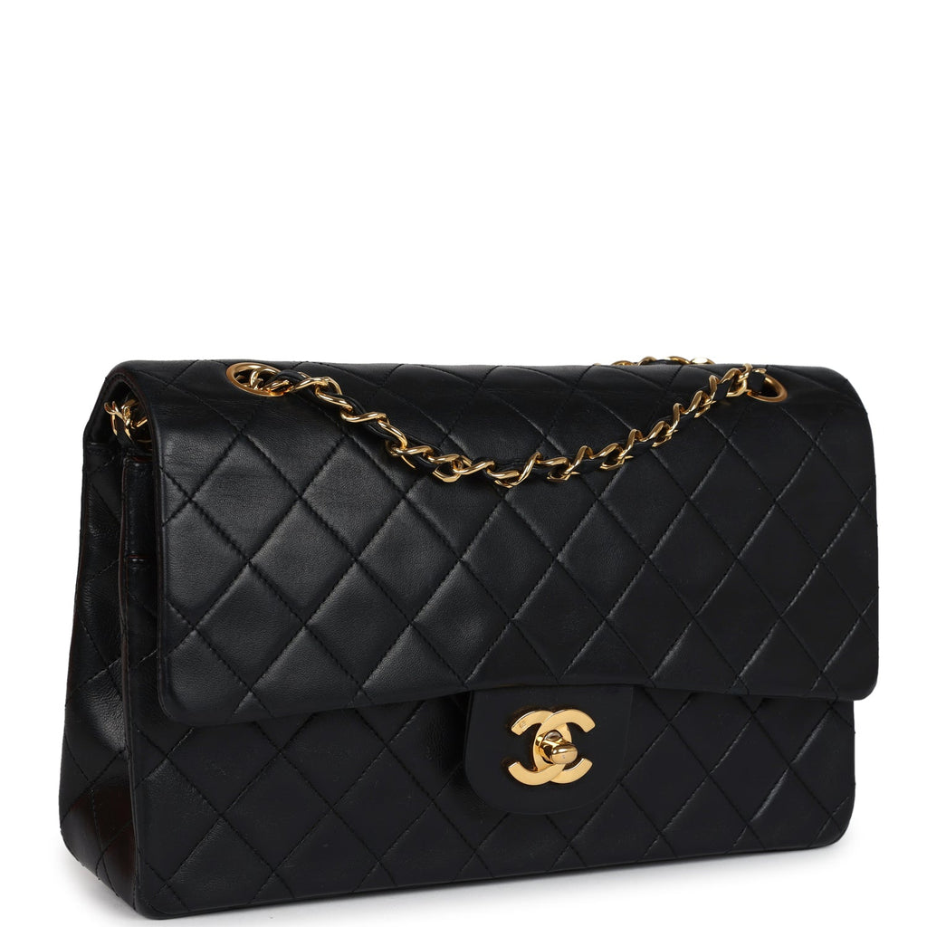 Chanel Vintage Medium Classic Double Flap Bag Black Lambskin Gold Hardware