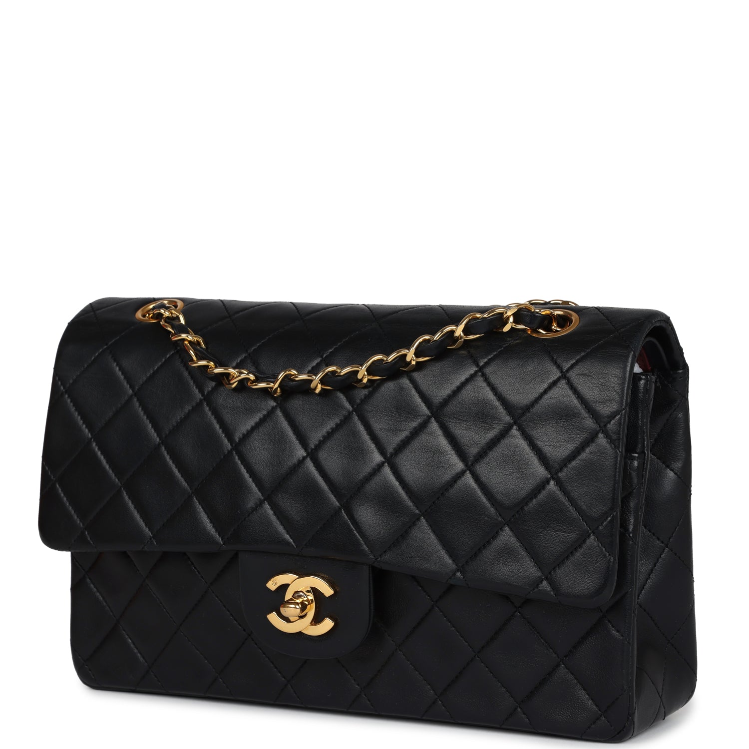 Chanel Vintage Medium Classic Double Flap Bag Black Lambskin Gold Hardware