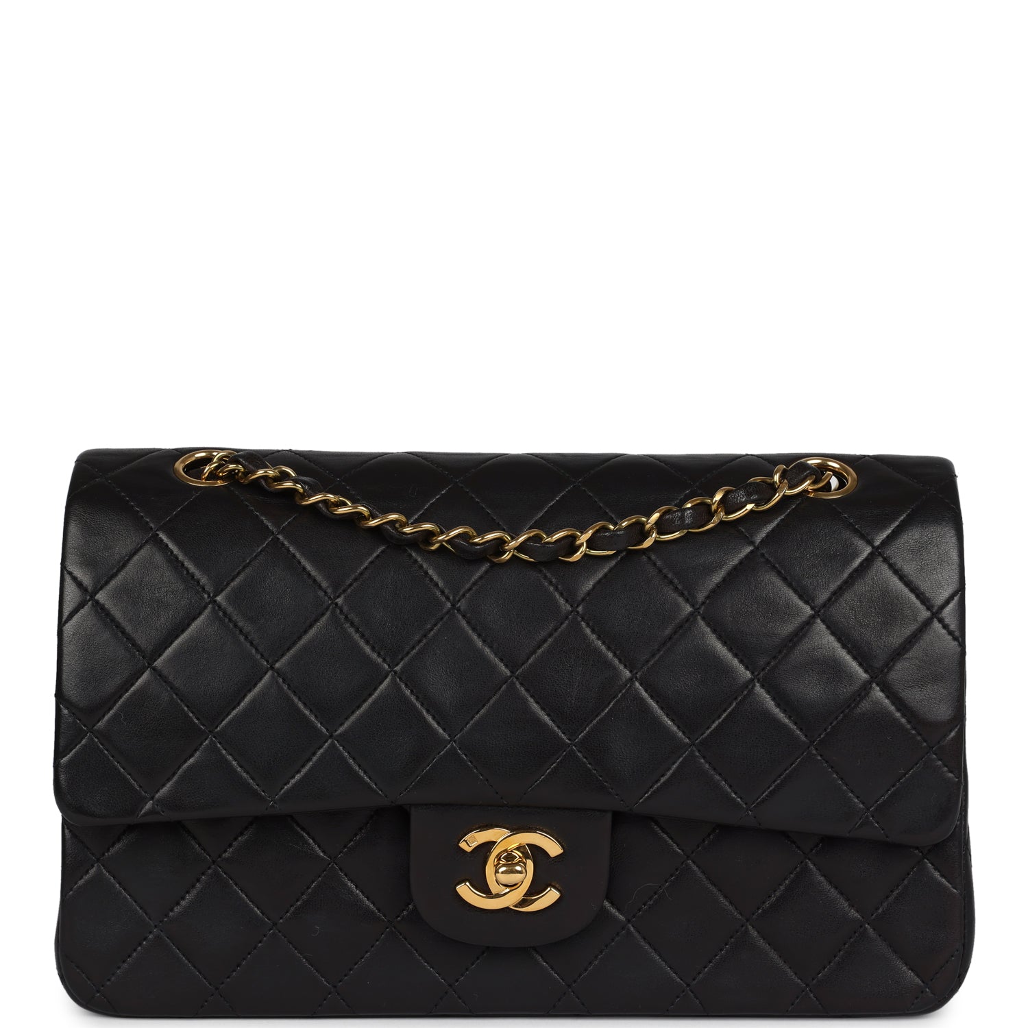 Chanel Vintage Medium Classic Double Flap Bag Black Lambskin Gold Hardware