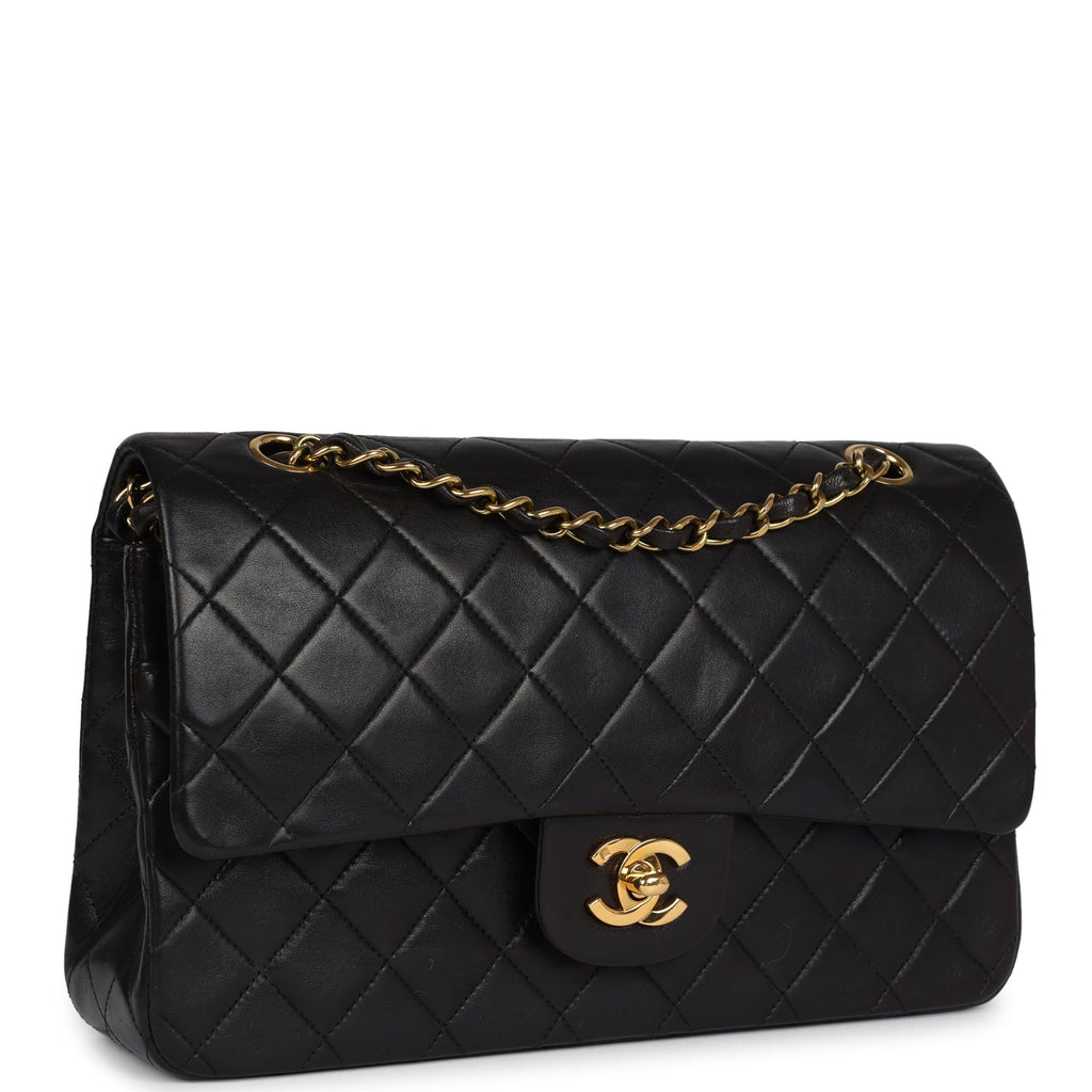 Chanel Vintage Medium Classic Double Flap Bag Black Lambskin Gold Hardware