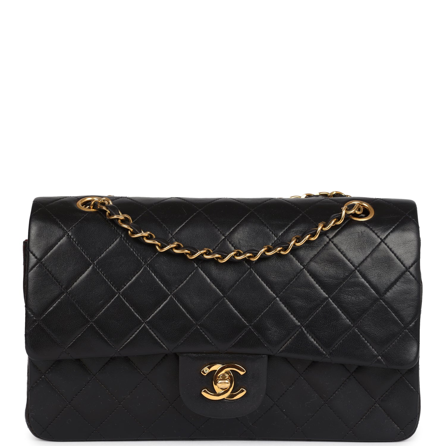 Chanel Vintage Medium Classic Double Flap Bag Black Lambskin Gold Hardware