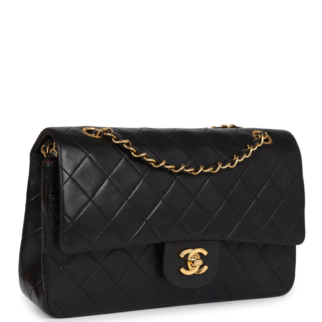 Chanel Vintage Medium Classic Double Flap Bag Black Lambskin Gold Hardware