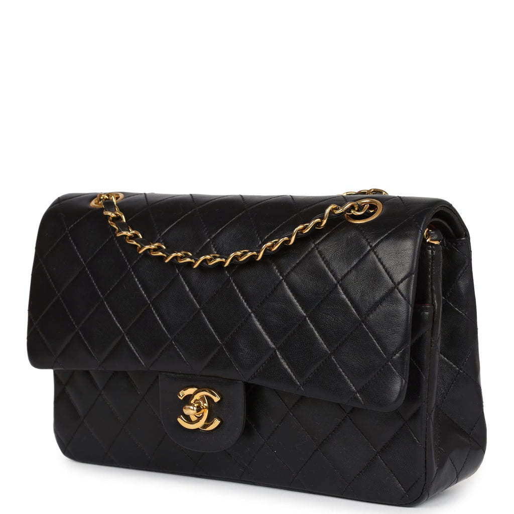 Chanel Vintage Medium Classic Double Flap Bag Black Lambskin Gold Hardware