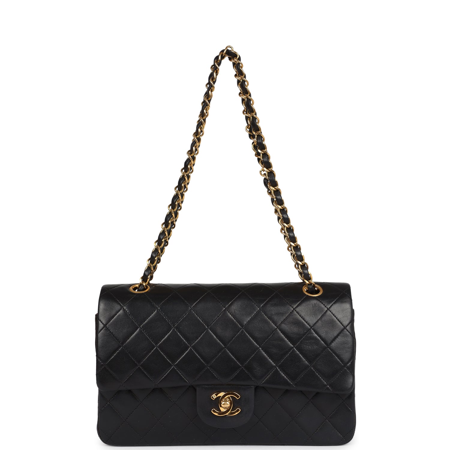 Chanel Vintage Medium Classic Double Flap Bag Black Lambskin Gold Hardware