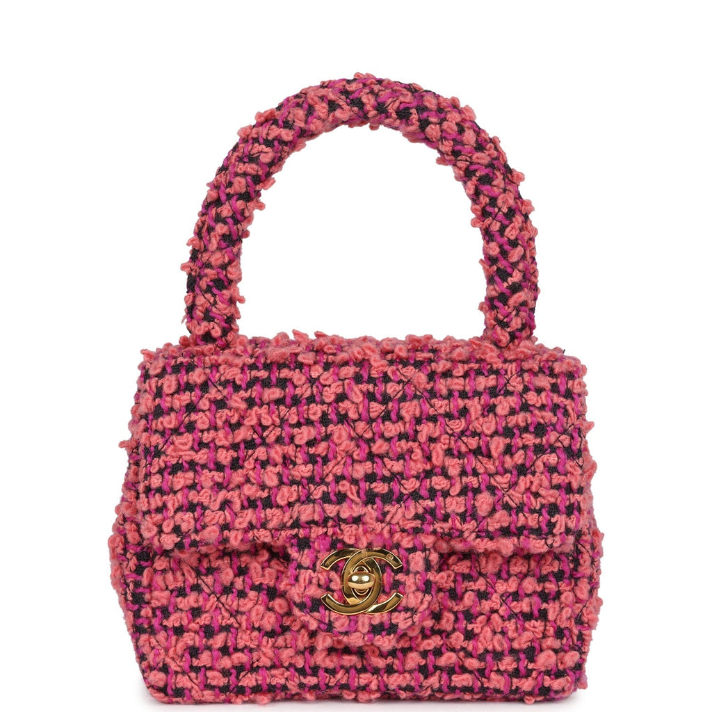 Chanel Vintage Micro Kelly Child Flap Bag Pink and Black Tweed Boucle Gold Hardware