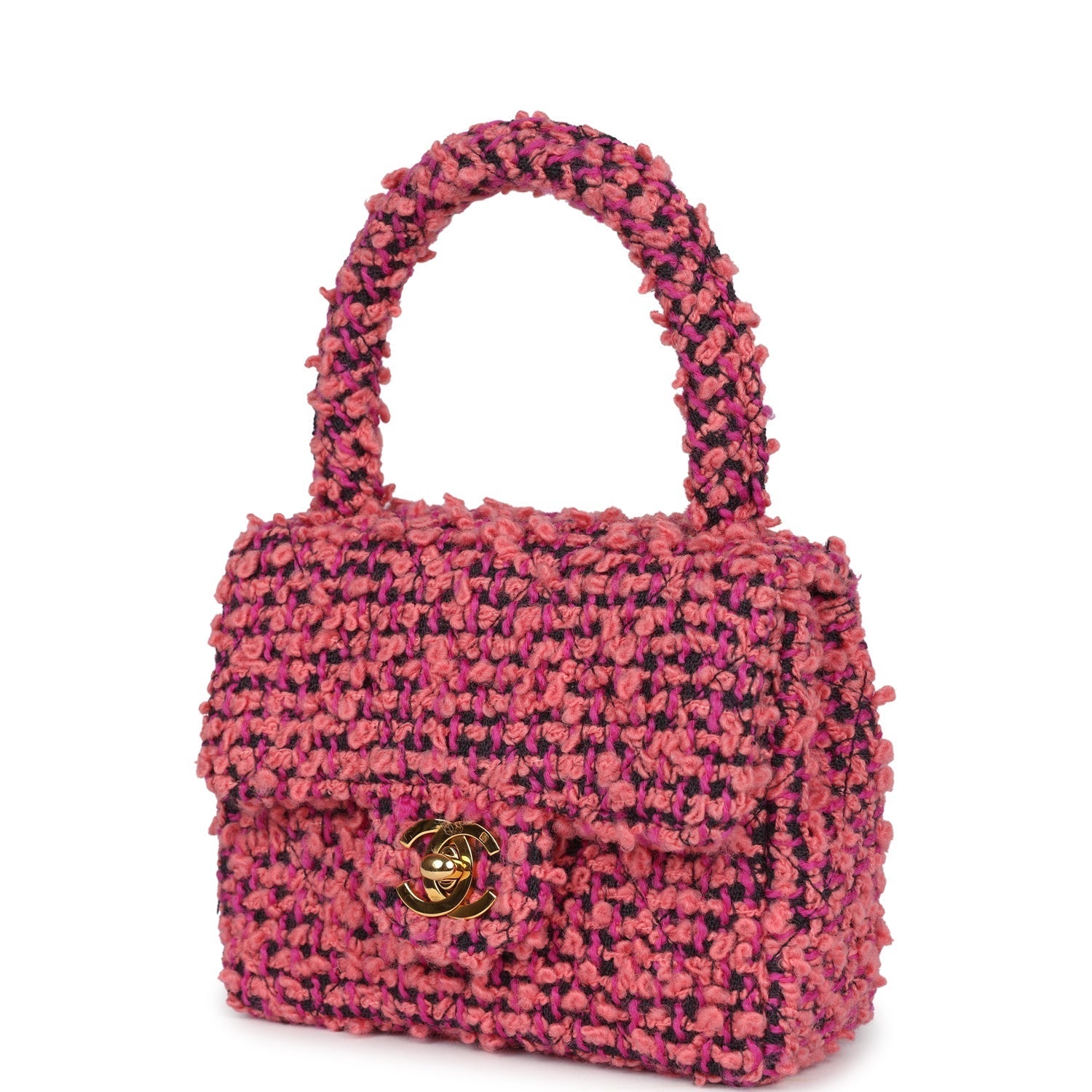 Chanel Vintage Micro Kelly Child Flap Bag Pink and Black Tweed Boucle Gold Hardware