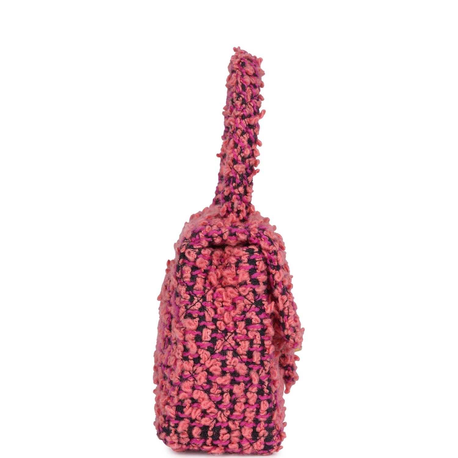 Chanel Vintage Micro Kelly Child Flap Bag Pink and Black Tweed Boucle Gold Hardware
