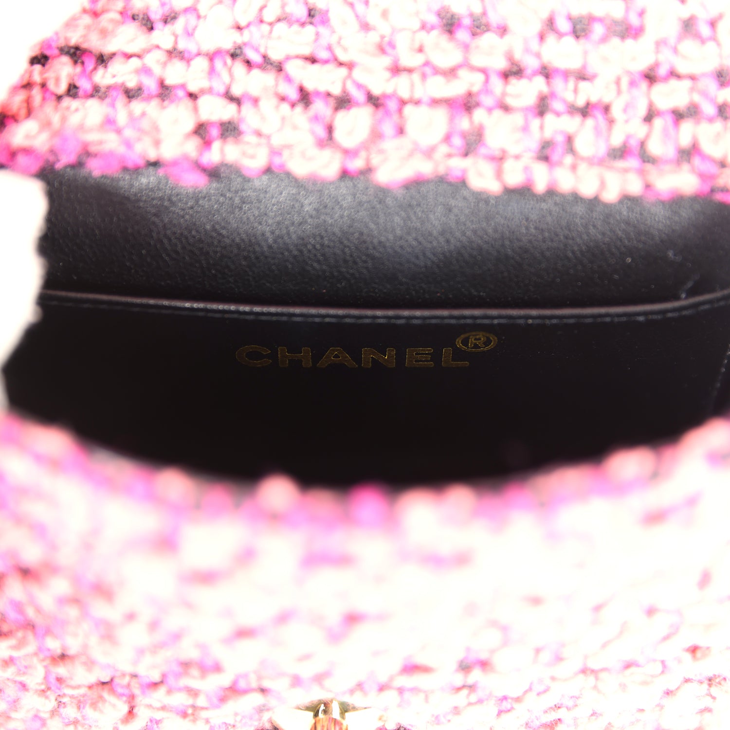 Chanel Vintage Micro Kelly Child Flap Bag Pink and Black Tweed Boucle Gold Hardware