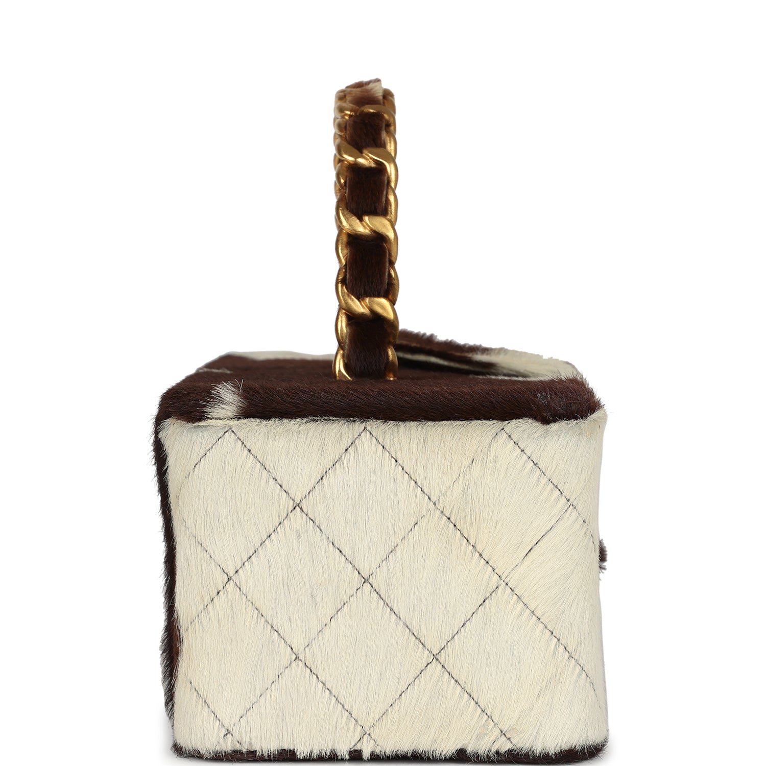 Chanel Vintage Rectangular Vanity Box Brown and White Cow Print Pony Hair Antique Gold Hardware