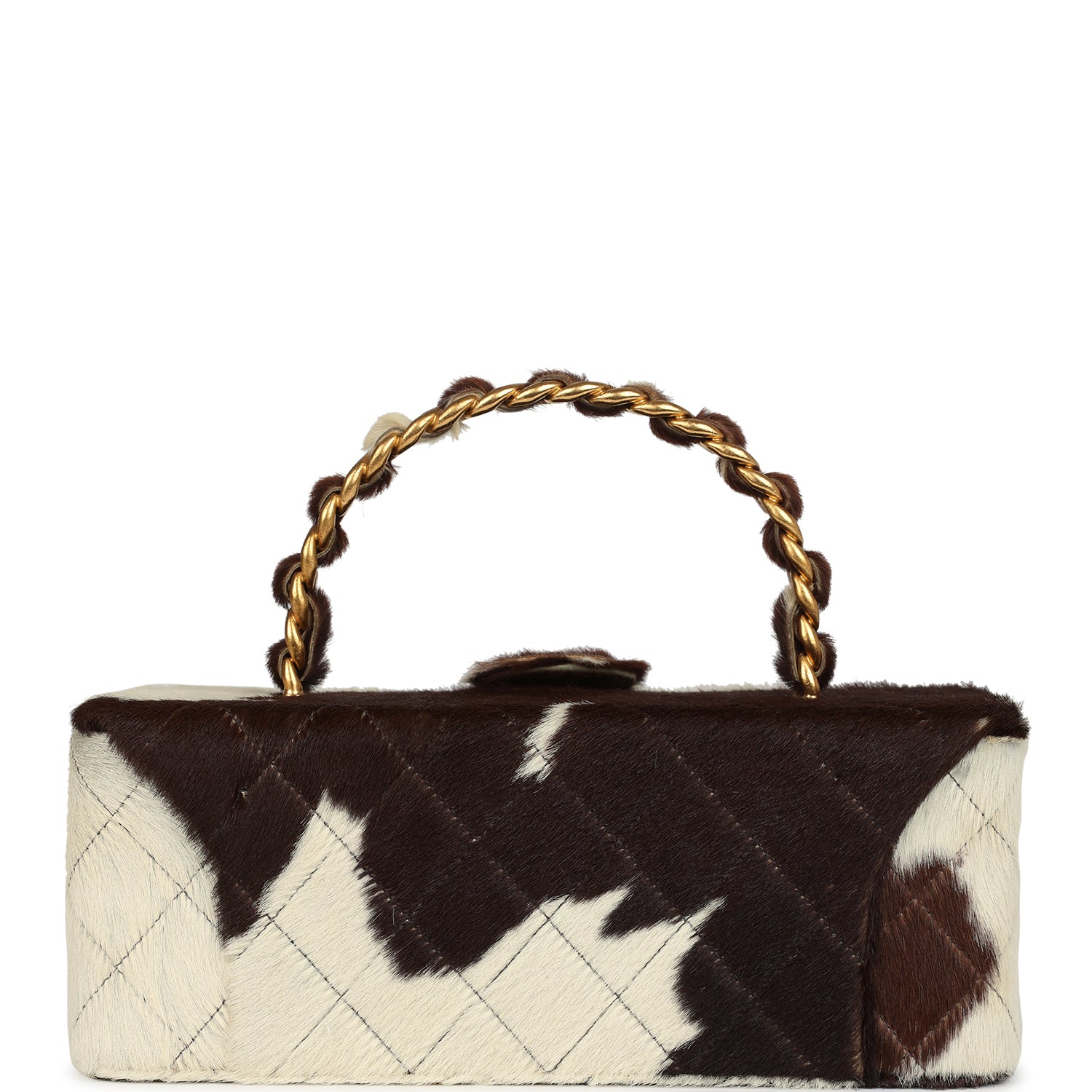 Chanel Vintage Rectangular Vanity Box Brown and White Cow Print Pony Hair Antique Gold Hardware