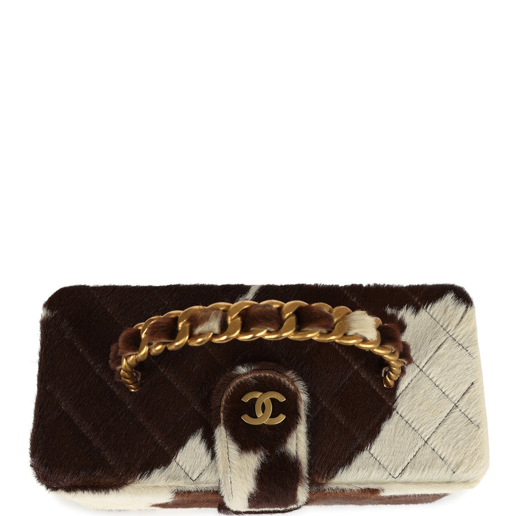 Chanel Vintage Rectangular Vanity Box Brown and White Cow Print Pony Hair Antique Gold Hardware