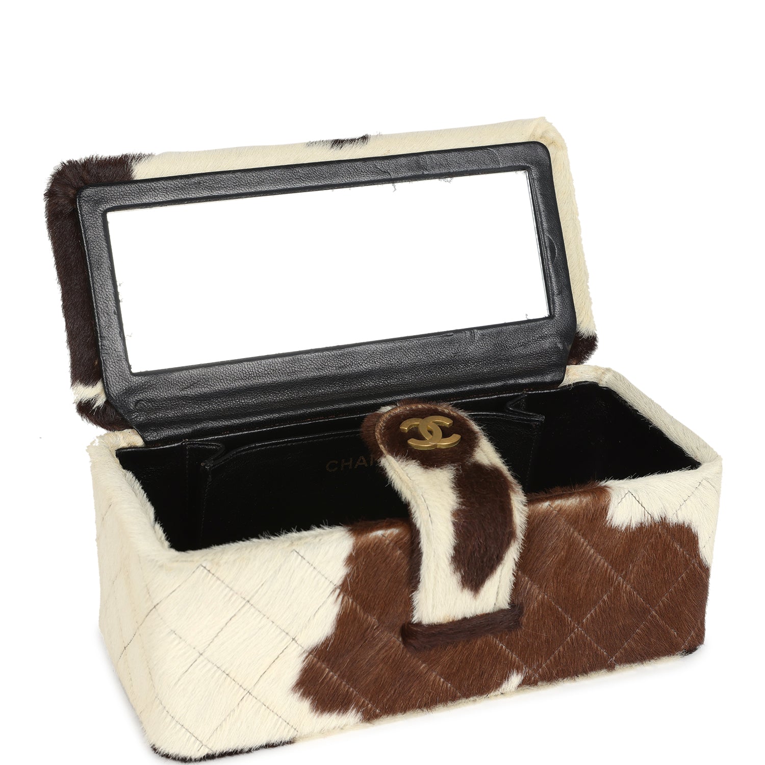 Chanel Vintage Rectangular Vanity Box Brown and White Cow Print Pony Hair Antique Gold Hardware