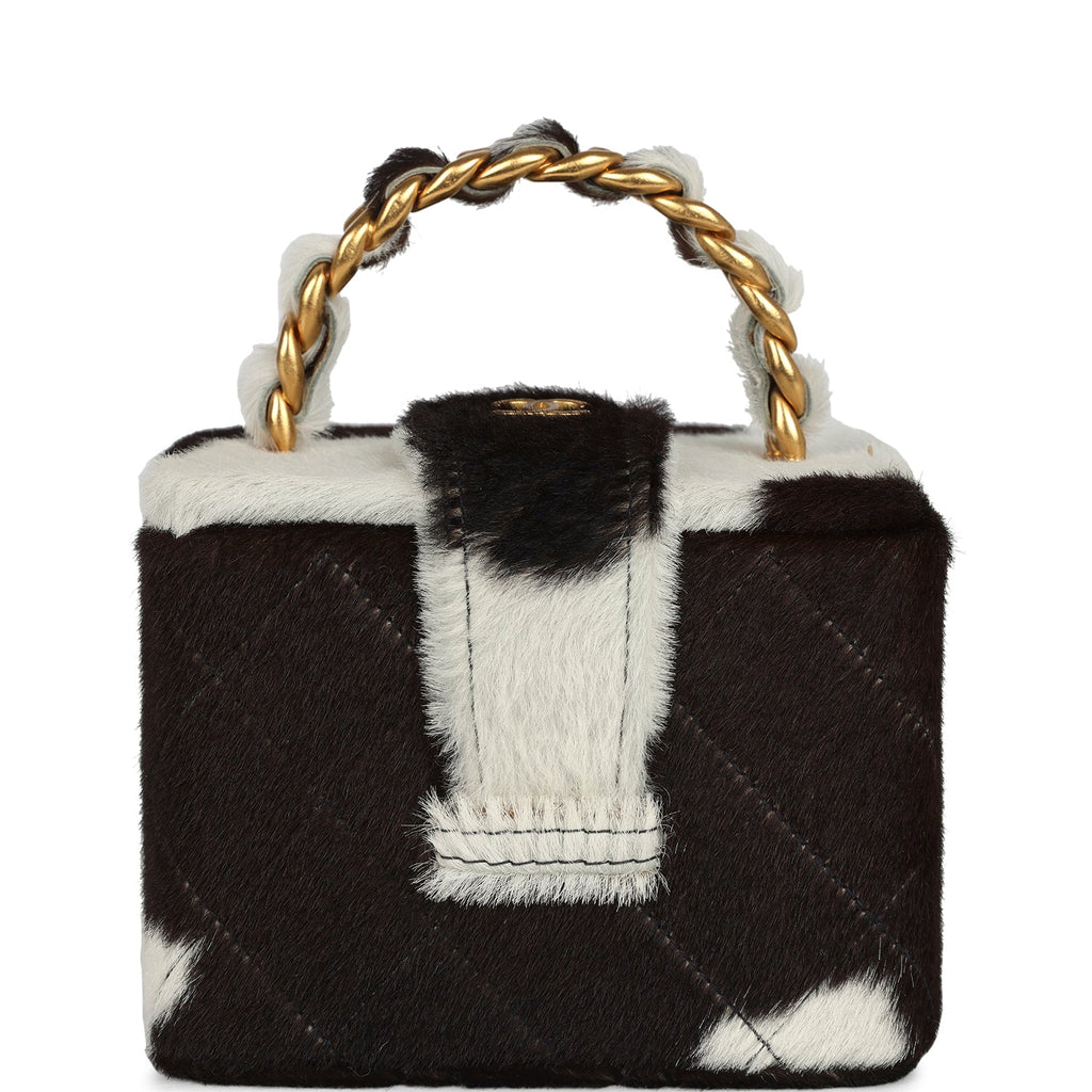 Chanel Vintage Square Vanity Box Brown and White Cow Print Pony Hair Antique Gold Hardware